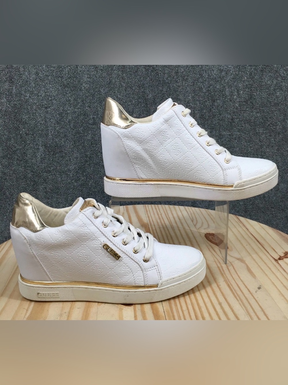 GUESS Flowurs Wedge Platform Sneakers Womens 9.5 White Gold Lace Up Logo #20
